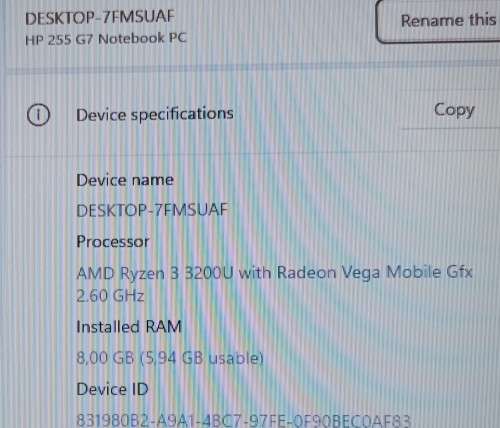 HP 255 G7, AMD Ryzen 3 3200U@2.6GHz, Radeon Vega Gfx, 8GB RAM, 256GB SSD, 15` HD Display, Win11