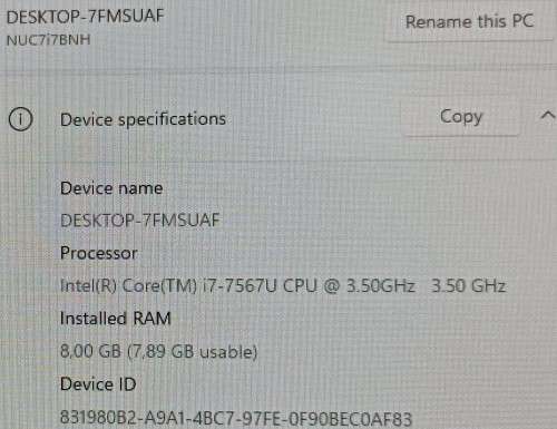 Intel NUC 7i7BNH, Intel i7-7567U@3.5GHz, 8GB RAM, 128GB Intel SSD, Windows 11 Pro