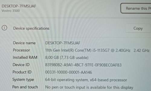 Dell Vostro 3500, 11th Gen i5-1135G7@2.4GHz, 8GB RAM, 256GB NVMe SSD, 15` FHD Display, Win11