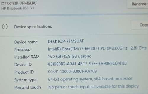 HP EliteBook 850G3, Radeon R7 M365X GPU, Intel i7-6600U, 16GB RAM, 256GB m.2 SSD, 15` FHD Display