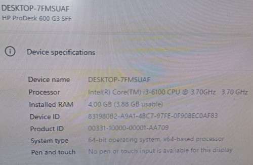 HP ProDesk 600 G3 SFF, Intel i3-6100@3.7GHz, 4GB RAM, 512GB SSD, DVD-RW, Win11