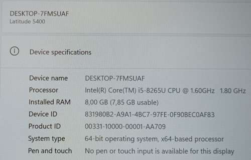 Dell Latitude 5400, 8th GEN I5-8265u@1.6ghz, 8GB RAM, 256gb NVMe SSD, 14` FHD Display, Win11