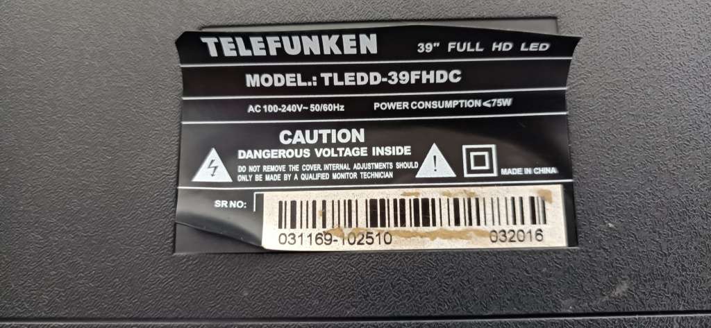 Telefunken TLEDD-39FHDC 39` TV, no stand, no remote