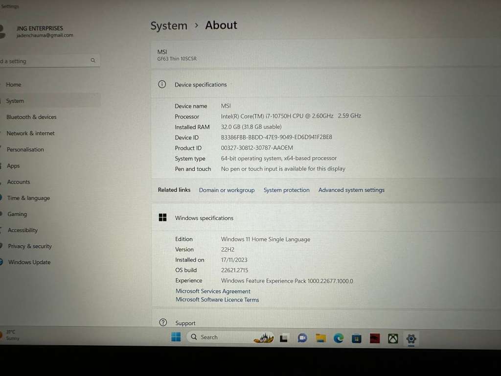 MSI GF63 Intel Core i7 10th Gen  Gaming Laptop (32GB Ram /512GB SSD//NVIDIA GeForce GTX 1650 Ti