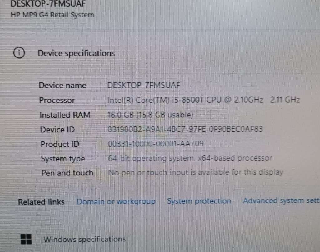 HP MP9 G4 SFF, 8th Gen Intel i5-8500T@2.1GHz, 16GB RAM, 1TB HDD,1TB SSD  Windows 11 Pro Mint As New