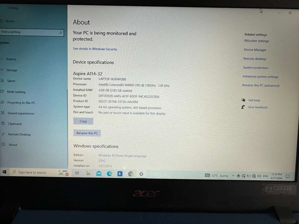 ACER ASPIRE 1 A114-32-C31E INTEL CELERON 4GB RAM 64GBSSD