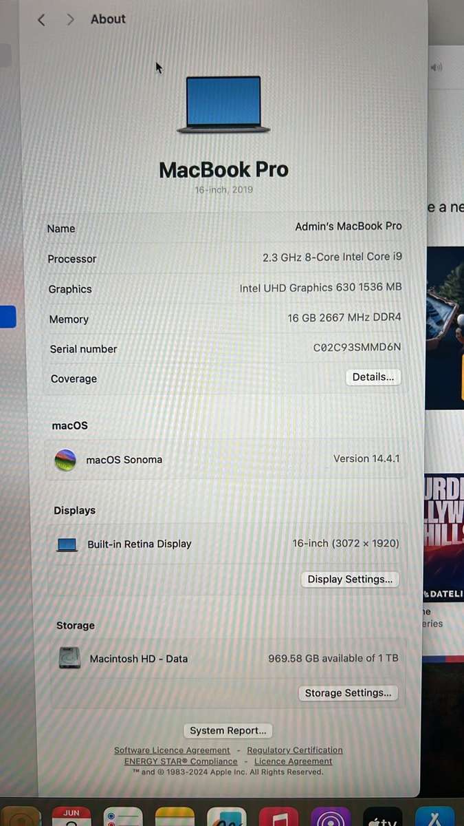 Apple MacBook Pro 16-inch `Core i9` 2.3GHz (Touchbar/2019) 16GB RAM 1TB SSD As New Condition