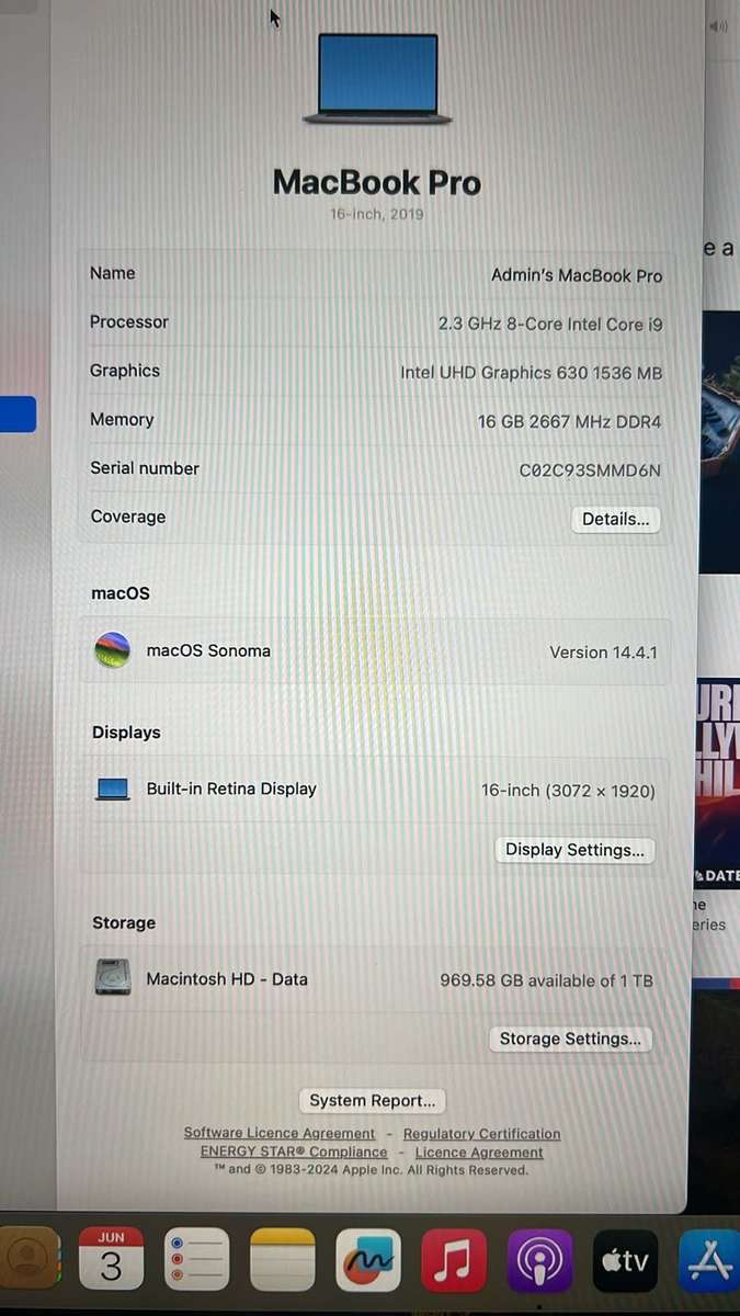 Apple MacBook Pro 16-inch `Core i9` 2.3GHz (Touchbar/2019) 16GB RAM 1TB SSD As New Condition