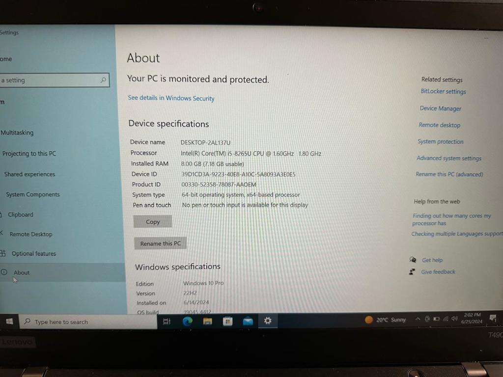 Lenovo ThinkPad T490, 8th Gen i5-8265U@1.6GHz, 8GB RAM, 256GB m.2 SSD, 14`LTE