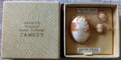 GENUINE ITALIAN HAND CARVED CAMEO BROOCH/PENDANT & EARRINGS - ROLLED GOLD