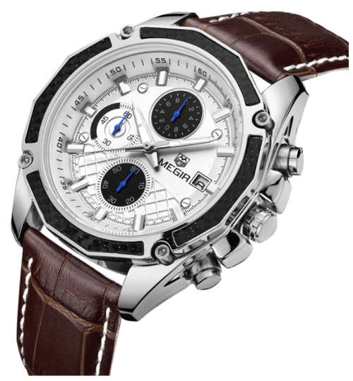 Megir Quartz Men Watch Genuine Leather