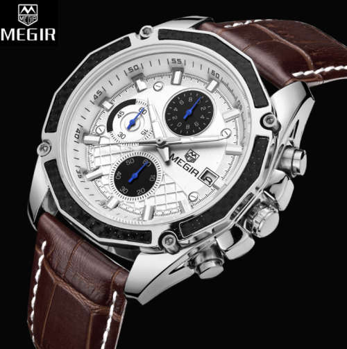 Megir Quartz Men Watch Genuine Leather