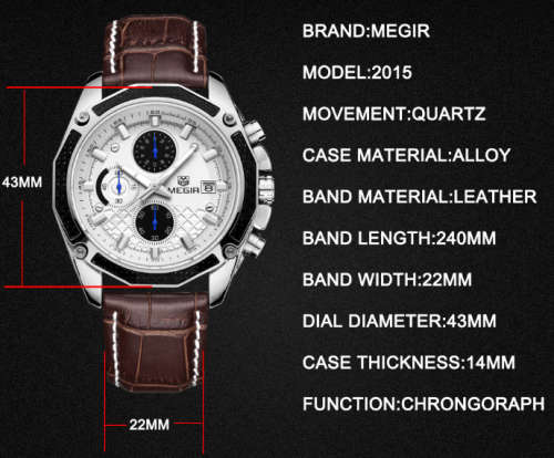 Megir Quartz Men Watch Genuine Leather