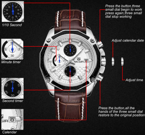 Megir Quartz Men Watch Genuine Leather