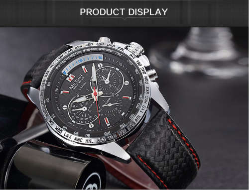 Megir Men's Watch Black Leather