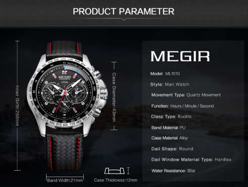 Megir Men's Watch Black Leather