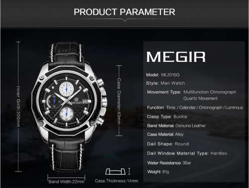 Megir Quartz Men Watch Genuine Leather