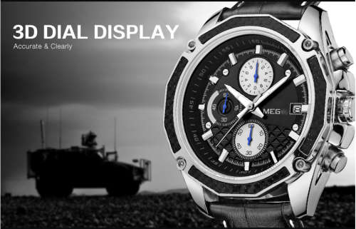 Megir Quartz Men Watch Genuine Leather