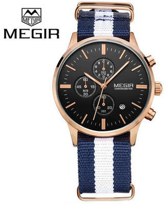 MEGIR MENS QUARTS CHRONOGRAPH WATCH - BLACK AND ROSE GOLD