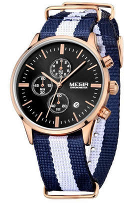 MEGIR MENS QUARTS CHRONOGRAPH WATCH - BLACK AND ROSE GOLD