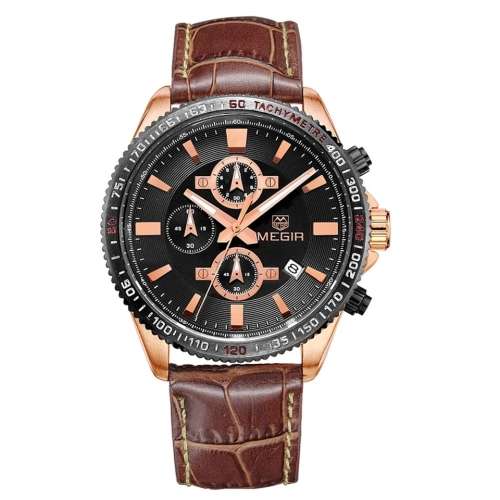 Megir Men's Black & Rose Gold Leather Chronograph Watch