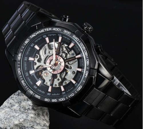 MA401 ELEMENTS SKELETON AUTOMATIC MEN'S TACHYMETER WATCH - BLACK + ROSE GOLD
