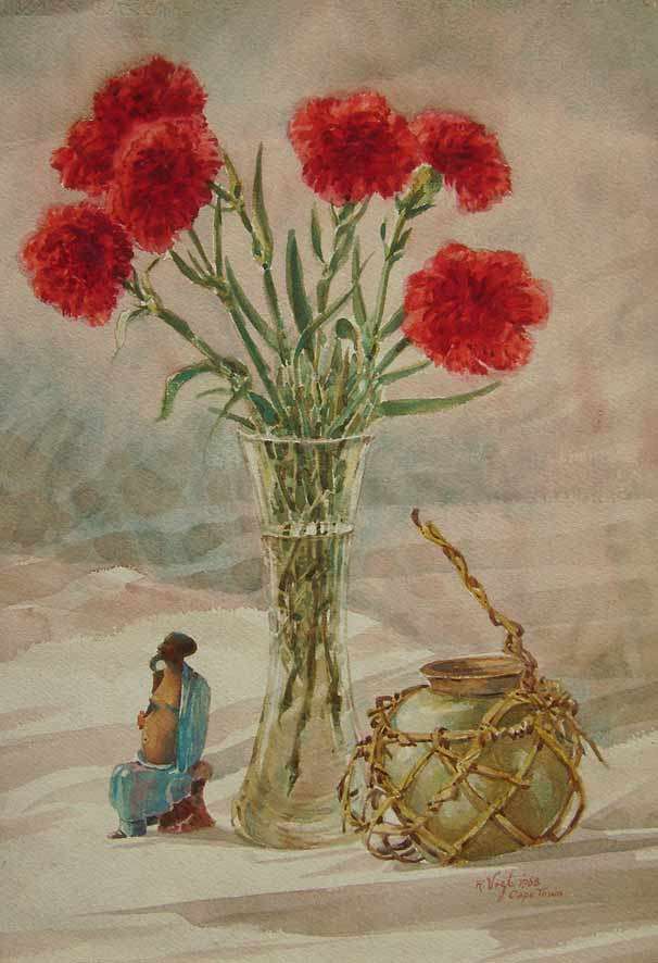 Still Life with Carnations by R. Vogt, watercolour on paper, 360 x 540 mm