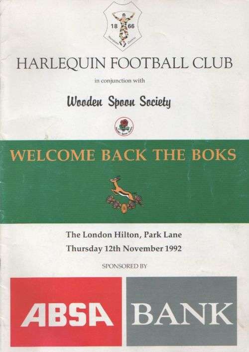 1992 SPRINGBOK V ENGLAND DINNER MENU