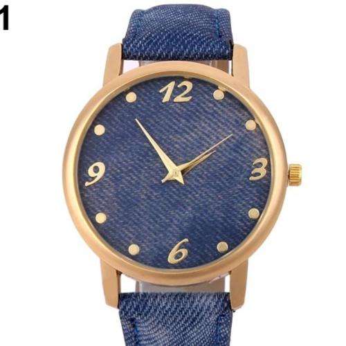 Fashion Jean Fabric Faux Leather Band Gold Plated Case Analog Quartz Wrist Watch