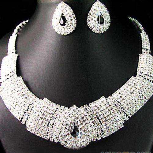 FASHION WEDDING BRIDAL CRYSTAL NECKLACE EARRINGS SET JEWELRY