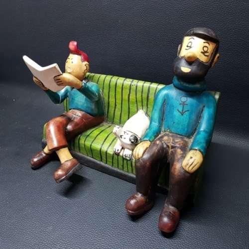 WOODEN TINTIN AND SNOWY SCULPTURE