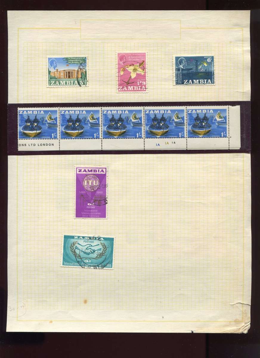 Zambia - 5 Stamps + Strip of 10 with Inscription and Cylinder Numbers - Mounted on Old Album Page