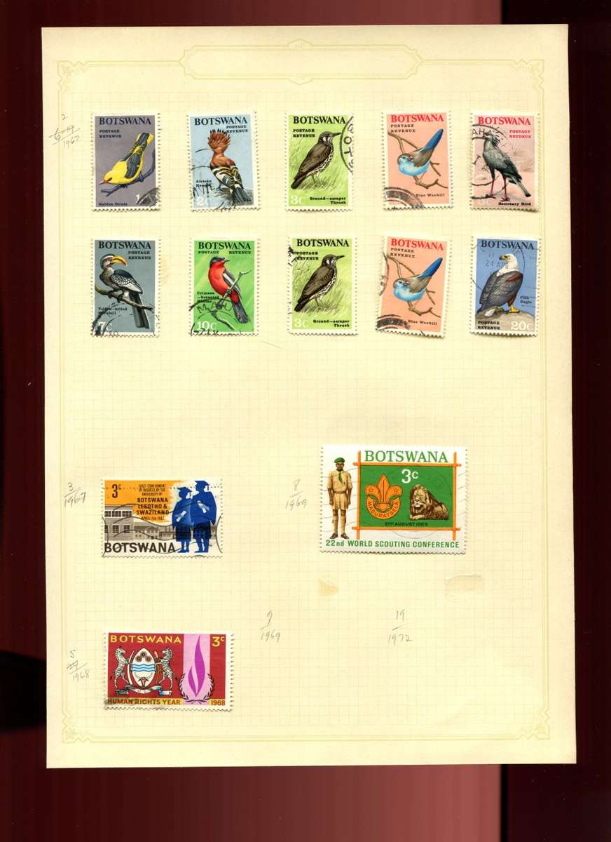 Botswana - 13 Stamps on Old Album Page