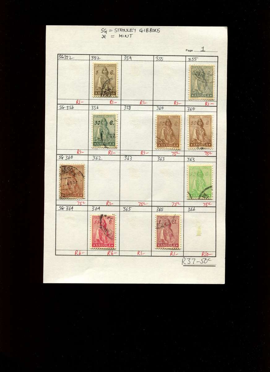 Angola - 9 Stamps Mounted (Hinged) on Approval Page