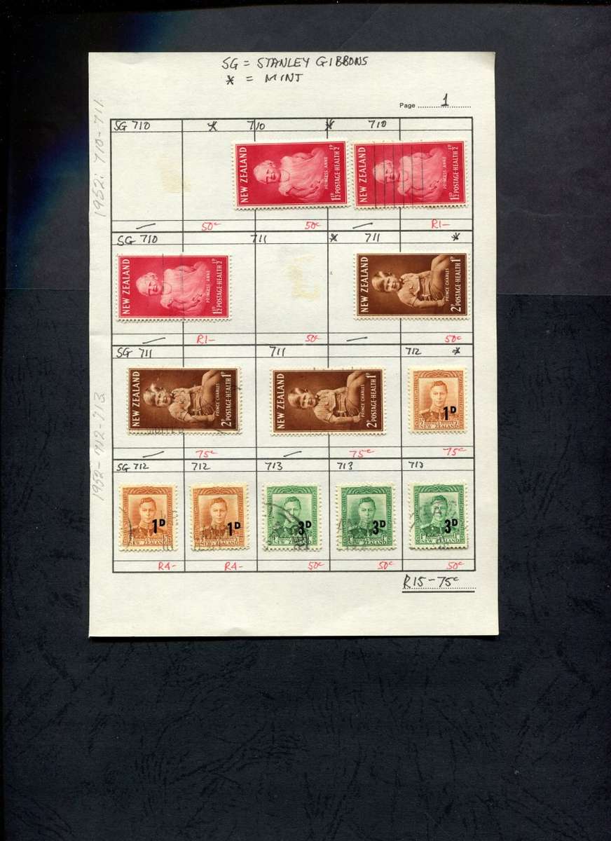 New Zealand - 12 Stamps Mounted (Hinged) on Approval Page