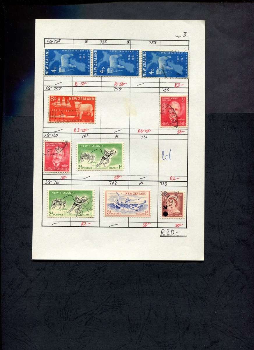 New Zealand - 10 Stamps Mounted (Hinged) on Approval Page