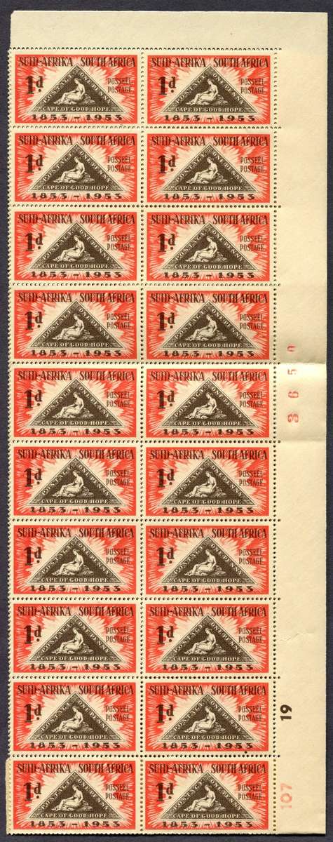 Union of SA -  Gutter/Control/Sheet Number Block of 38 - MNH - Some Creasing
