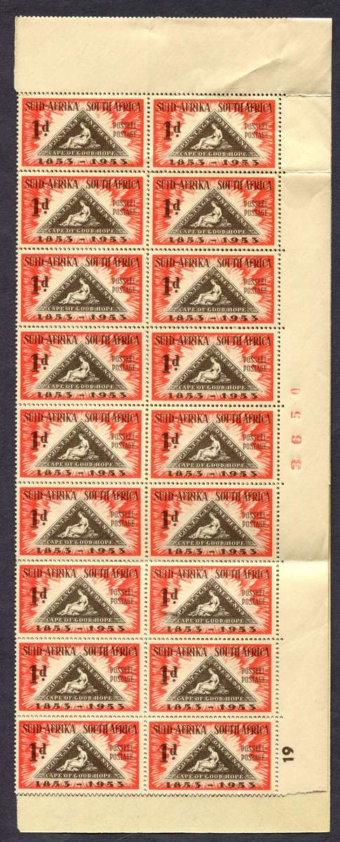 Union of SA -  Gutter/Control/Sheet Number Block of 38 - MNH - Some Creasing