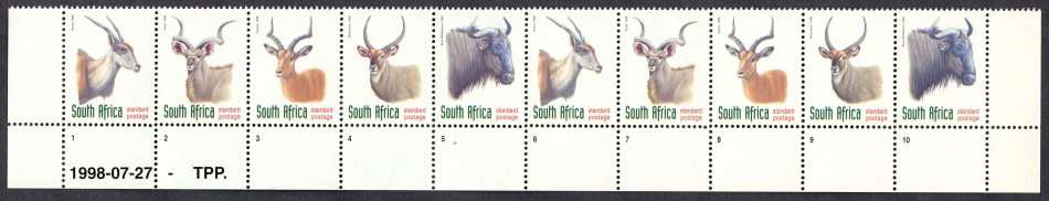 RSA  - 6th Definitive - Redrawn  -  Strip of 10 - 1998 - MNH