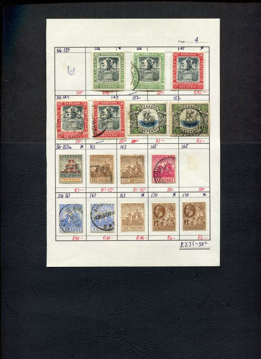 Barbados  - 16 Stamps Mounted (Hinged) on Approval Page