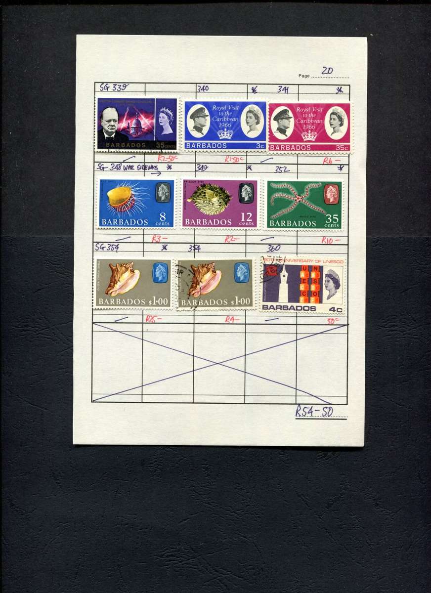 Barbados  - 9 Stamps Mounted (Hinged) on Approval Page