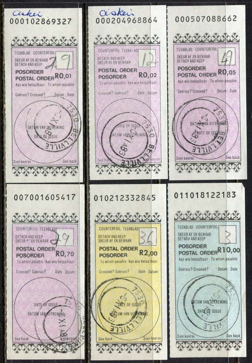 RSA - 6 Postal order Counterfoil Tabs - Used