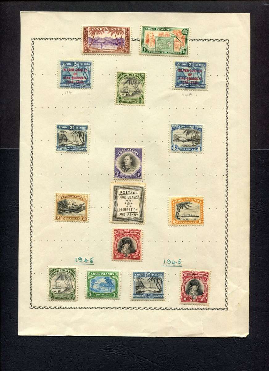 Cook Islands - 16 Stamps Mounted on Old Album Page