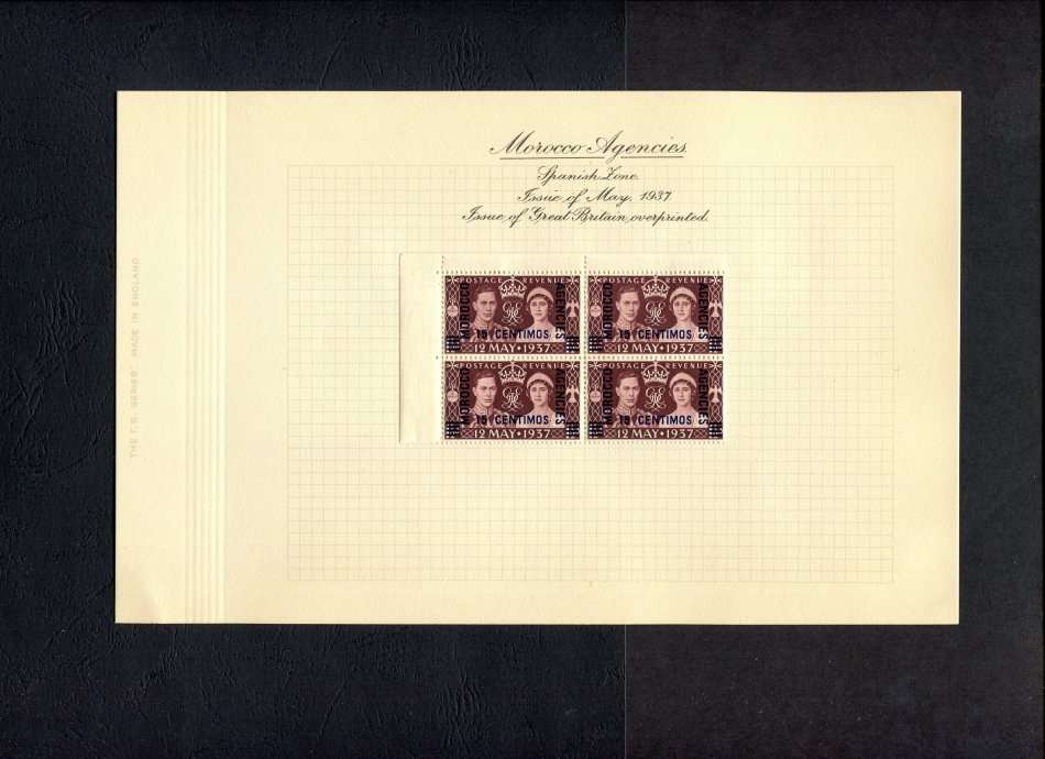Morocco Agencies - Spanish Currency - 1 Corner block of 4 Mounted (Hinged) on Old Album Page