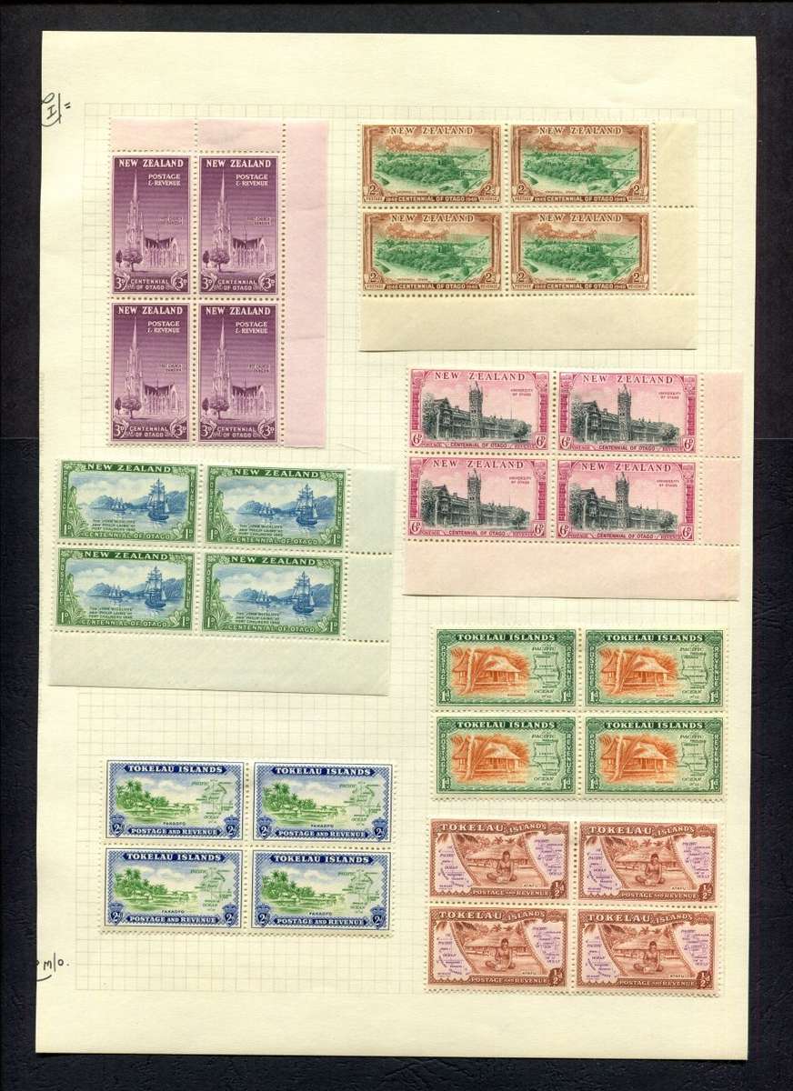 New Zealand/Tokelau - 7 Blocks of 4 Mounted (Hinged) on Old Album Page