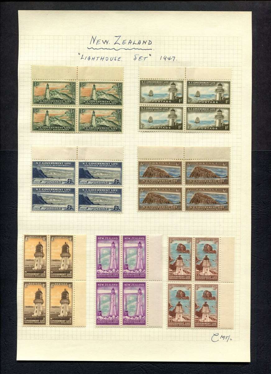 New Zealand - 7 Blocks of 4 Mounted (Hinged) on Old Album Page