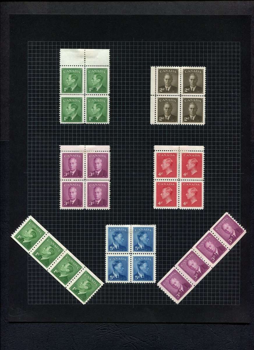 Canada - 5 Blocks of 4 + 2 Coil Strips of 4 Mounted (Hinged) on Old Album Page