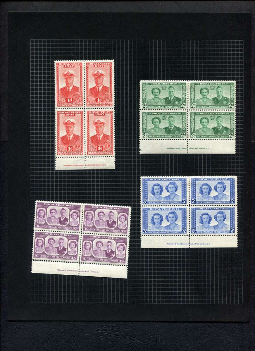 Bechuanaland - Set of 4 Blocks of 4  Mounted (Hinged) on Old Album Page - 1/- Bottom Separation