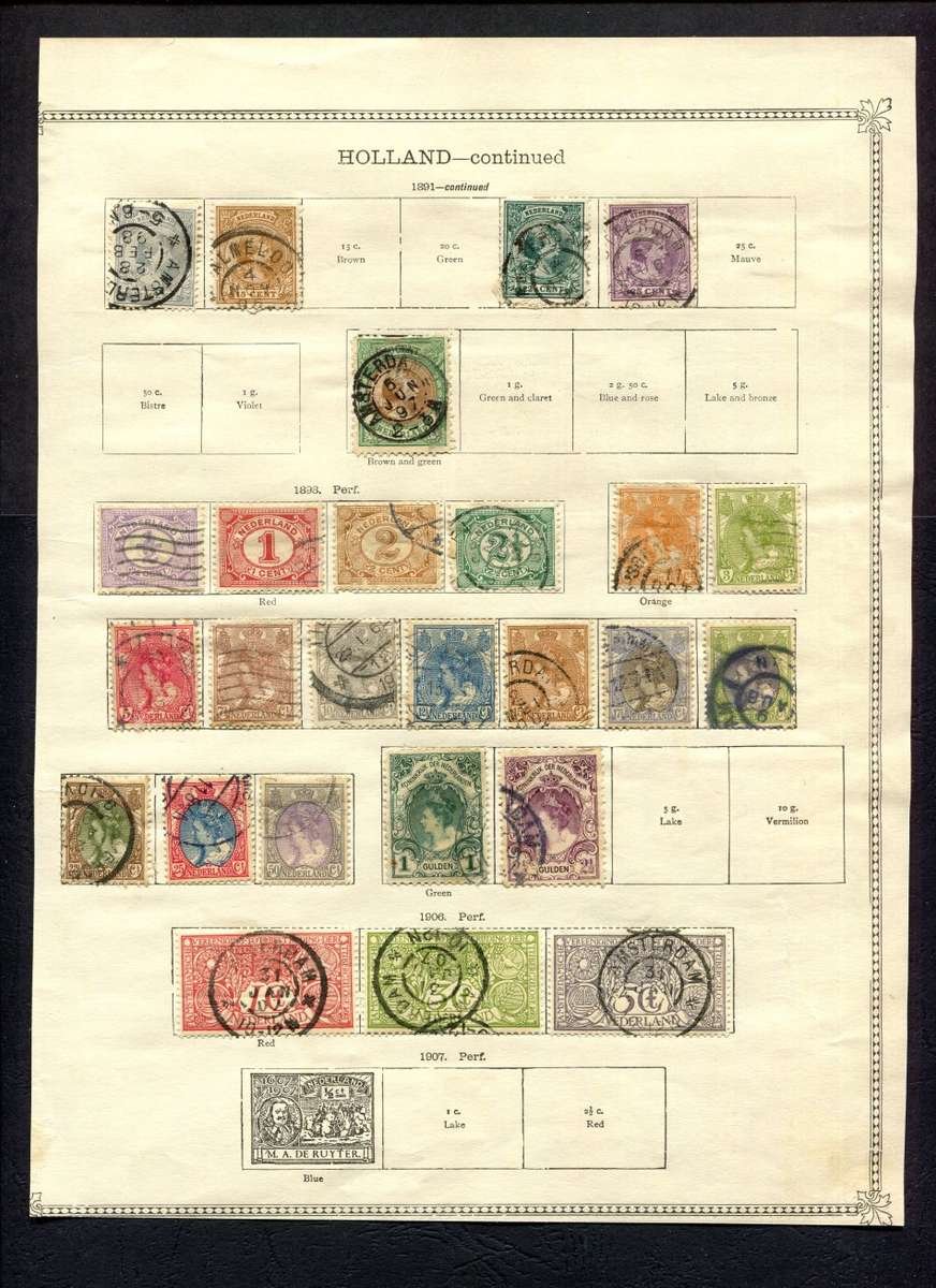 Netherlands - 43 Stamps  Mounted (Hinged) on Both Sides Of An Old Album Page