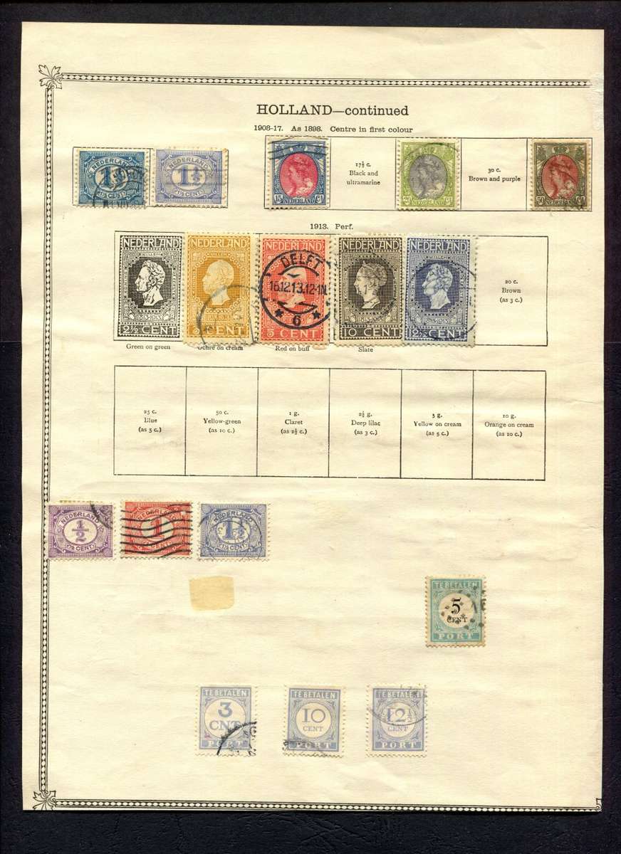 Netherlands - 43 Stamps  Mounted (Hinged) on Both Sides Of An Old Album Page